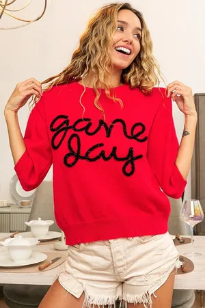 Peach Love BiBi Game Day Metallic Letter Short Sleeve Puff Sleeve Sweater Red thumbnail 2