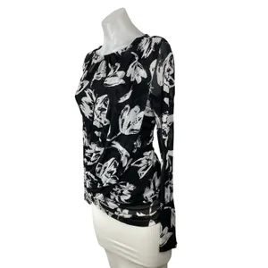 INC International Concepts Black White Floral Mesh Long Sleeve Blouse Top Size S thumbnail 2