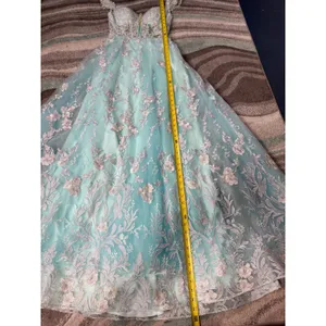 Morrell Maxie Size 4 Aqua White Floral Lace Off‎ Shoulder Formal Gown thumbnail 8