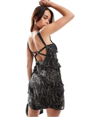 NWT Asos Satin Corset Textrued Asymmetric Grunge Floral Print Mini Dress Size 8 thumbnail 16