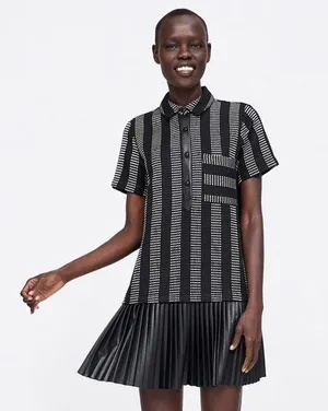 woven striped pleated dress thumbnail 1