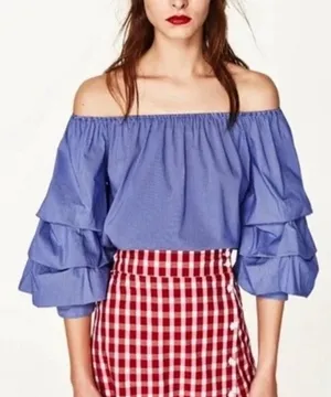 Zara Tiered Ruffle Off Shoulder Top XS Blue Pinstripe Retro European Coastal thumbnail 1