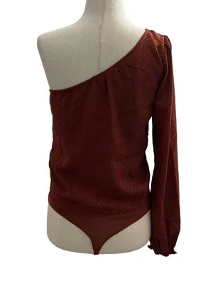 Abercrombie & Fitch Women Size XS Maroon Bodysuit Polka Dot One Shoulder 18-700P thumbnail 3
