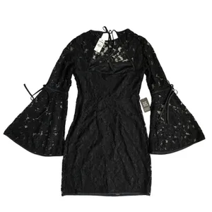 Express Womens 2 Black Floral Lace‎ Bell Sleeve Open Back Mini Dress thumbnail 7