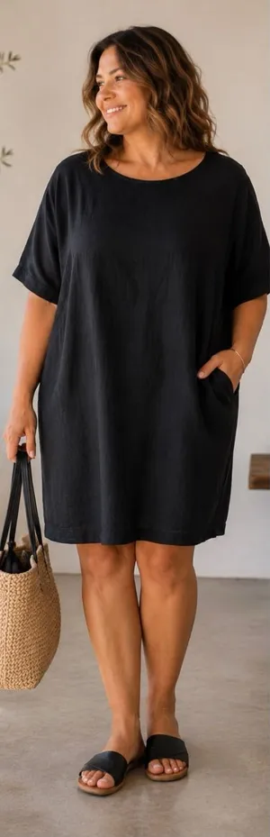 💥Eileen Fisher Black 100% Organic Linen Relaxed Shift Dress Pockets Sz XL🧡 thumbnail 1