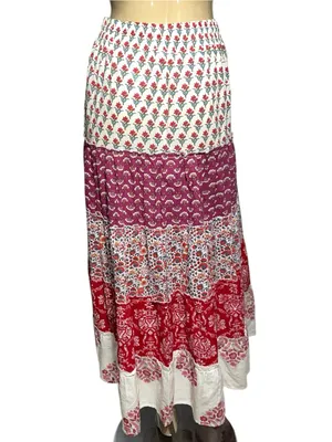 Luna Llena Women’s Size XS Red Cream Paisley Bohemian Tiered Maxi Skirt thumbnail 4