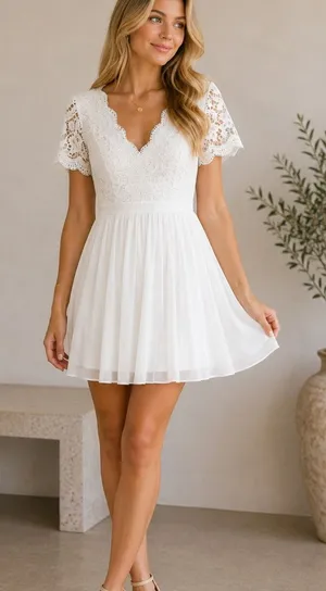 Lulus White Lace Short Sleeve Fit & Flare Mini Dress Womens S Bridal Formal thumbnail 1
