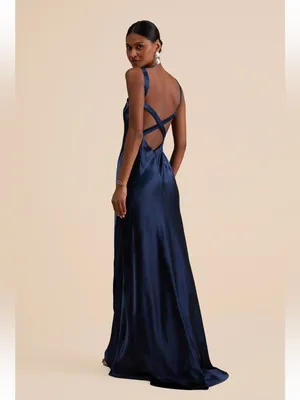 Lulus Perfectly Classy Navy Satin Strappy Maxi Dress thumbnail 2
