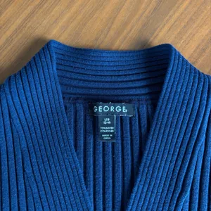 George Ribbed Knit V Neck Top L Dark Blue Short Sleeve Office Chic Fall Capsule thumbnail 2