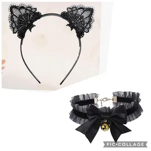New! Black Kitty Cat Ears with Black Bow Choker Set thumbnail 2