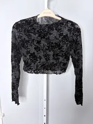 Black Floral Burnout Mesh Crop Top Sheer Long Sleeve Whimsigoth Y2K XL thumbnail 2