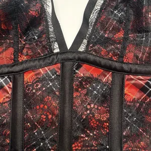 Victorias Secret Med Red Black Plaid Lace Satin Bustier‎ Longline Bra Very Sexy thumbnail 9