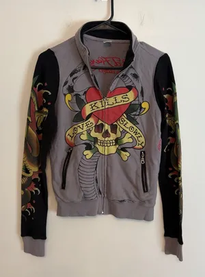 VTG 2000s Ed Hardy by Christian Audigier All Over Print Zip-Up‎ Jacket Womens XS thumbnail 1