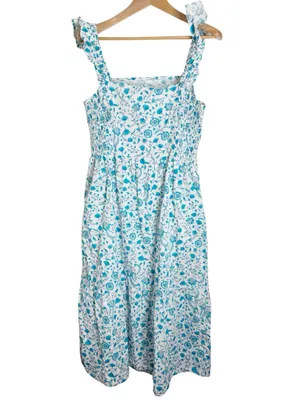 Draper James Ruffled Smocked Sun Dress Blue Floral Print Midi Preppy Summer XL thumbnail 4