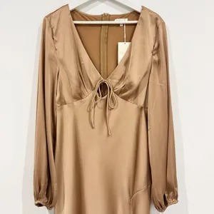Billy J Brigitte‎ Dress Plus Size 20 Tan Satin Tie Front Maxi V Neck Old Money thumbnail 5