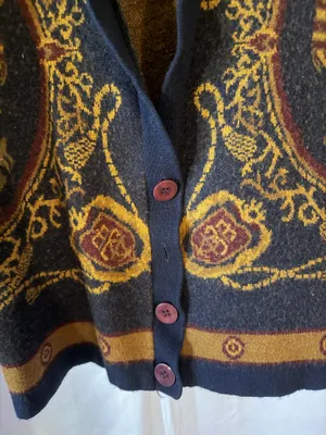 Jones New York Vintage-Inspired Navy and Mustard Button-Up Cardigan Sweater thumbnail 2