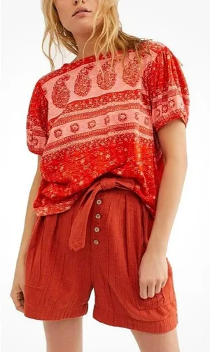 FREE PEOPLE Fruit Punch Combo Orange Paisley Boho Puff Sleeve Oversized Top S thumbnail 1