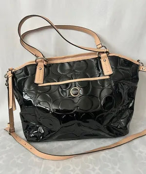 Coach Black Patent Leather w/ Tan Leather Trim Tote Shoulder Bag Purse ♥️♥️ thumbnail 1