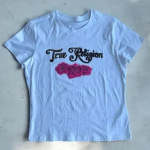True Religion White Embellished Crystal Rose Romantic Y2K Style Baby Tee Sz L thumbnail 2