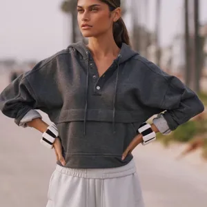 Anthropologie Daily Practice Henley Boxy Oversized Cropped Hooded Sweatshirt xs thumbnail 1