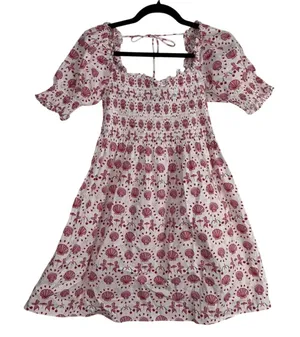Hill House Home Mermaid Nap Dress Pink Red‎ Seashell Smocked Puff Sleeve Boho XS thumbnail 1