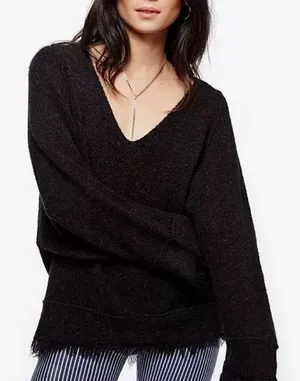 Free People Irresistible Fringe Black V-Neck Sweater Sz Medium Indie Granola thumbnail 1