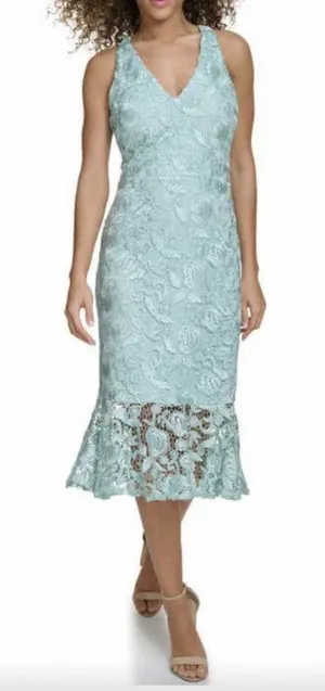 Siena Women's Sleeveless Halter V-Neck Floral Lace Sheer Trim Midi Dress SZ4 thumbnail 1