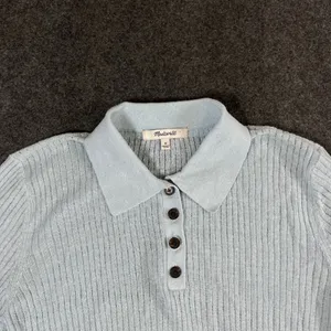 Madewell Womens Light Blue Linen Blend Ribbed Short Sleeve Polo Sweater Size M thumbnail 9