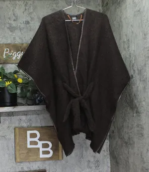 NEW Inc International Concepts Belted Ruana Topper with Piped Trim Dark Brown thumbnail 1