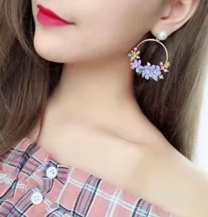 Women's Purple Crystal Flower Drop Dangle Hoop Earrings thumbnail 4