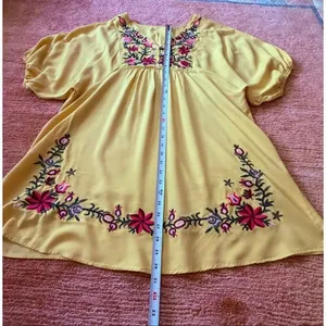 Yellow Embroidered Boho Tunic Mini Dress Floral Loose Fit M thumbnail 2