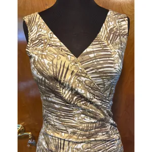 Cache Faux Wrap Textured Gold Metallic Bamboo Print Stretch Ruched Side Top Sz S thumbnail 2