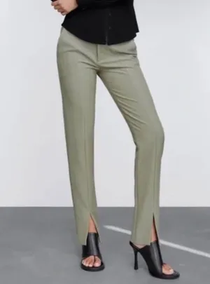 ZARA Pleated Tailored Straight Leg Pants Khaki Green thumbnail 1