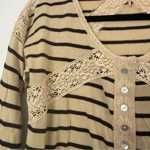 Free People Striped Cotton Crochet Lace Trim Long Sleeve Top Womens Small Boho thumbnail 2