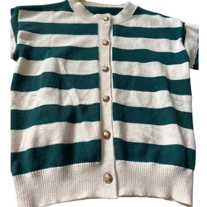 Long Sleeve Crew Neck Button Up Striped Sweater Cardigan Green White Size Large thumbnail 6