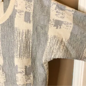 Chelsea‎ & Violet Metallic Wool Blend Abstract Striped Sweater Tan Grey Large thumbnail 4