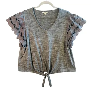 Maurices Gray Tie Front Top Crochet‎ Lace Flutter Sleeves Women's Size XL thumbnail 1