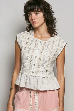 POL Round Neck‎ Lace Sleeveless Top with Double Gauze Ruffle - Small thumbnail 1
