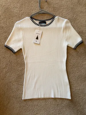 Ribbed, Slim Fit Business Casual Top White Size M thumbnail 2