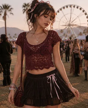 Abercrombie Fitch Y2K Crochet Crop Women Top XS Festival Coquette Boho Burgundy thumbnail 1