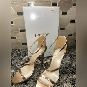 David’s Bridal Triple-Strap Gold Metallic Stiletto heels Style BACI Women’s Sz 8 thumbnail 4
