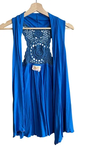 Santiki Crochet Racerback Open Front Vest Medium Blue Womens Boho Draped thumbnail 1