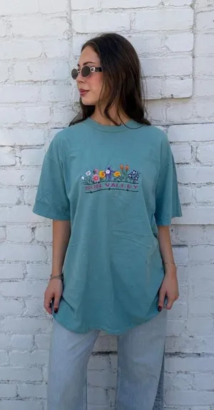Vtg 90s blue cotton t-shirt with floral graphic sz XL #sunvalley #90s thumbnail 1