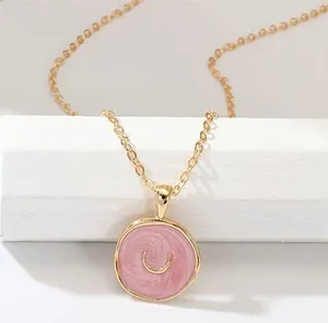 Pink Recumbent Crescent Moon Charm Necklace Gold Chain w/ Celestial Pendant thumbnail 1