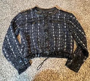 White House Black Market Navy Tweed Cropped Jacket Faux Leather Trim Small‎ thumbnail 1