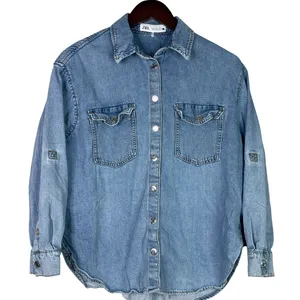 Zara Denim Snap Button Down Collard Western Style Long Sleeve Denim Shirt S Blue thumbnail 10