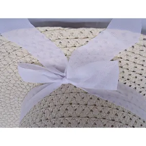 Tan Wide Floppy Brim Beach Garden Paper Straw Hat White Removable Bow Womens OSF thumbnail 8
