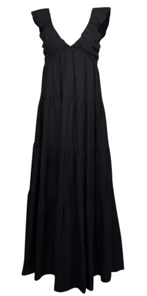 Jason Wu Tiered Linen Blend Pleated Maxi Dress Black Womens Size Extra Small thumbnail 1