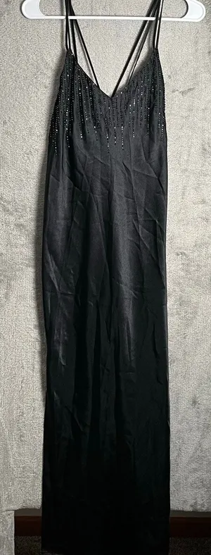 Vintage Y2K Black Beaded Slip Dress Evening‎ Grunge Goth Glam Size Small thumbnail 1