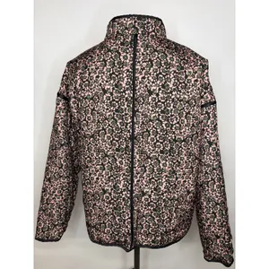 Floral Quilted Puffer Jacket Pink Green Black Open Front Pockets Large thumbnail 3